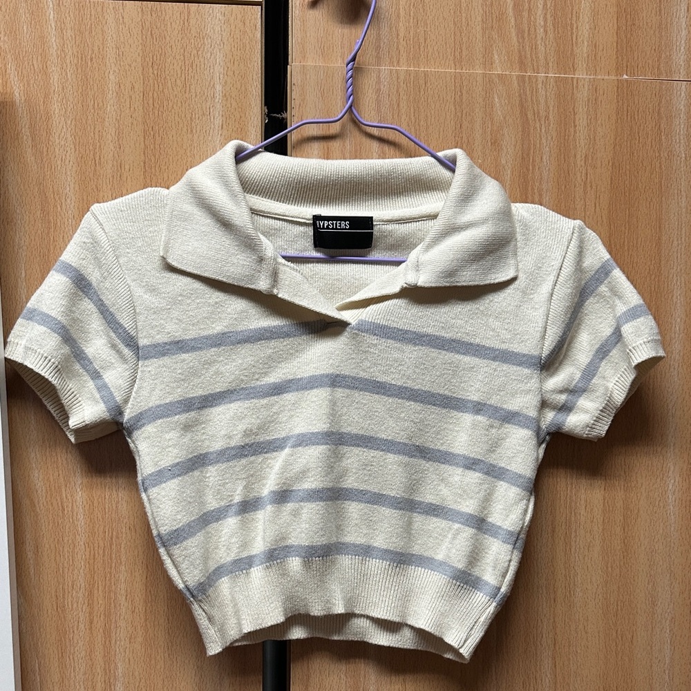 Cream and Gray Striped Crop Top